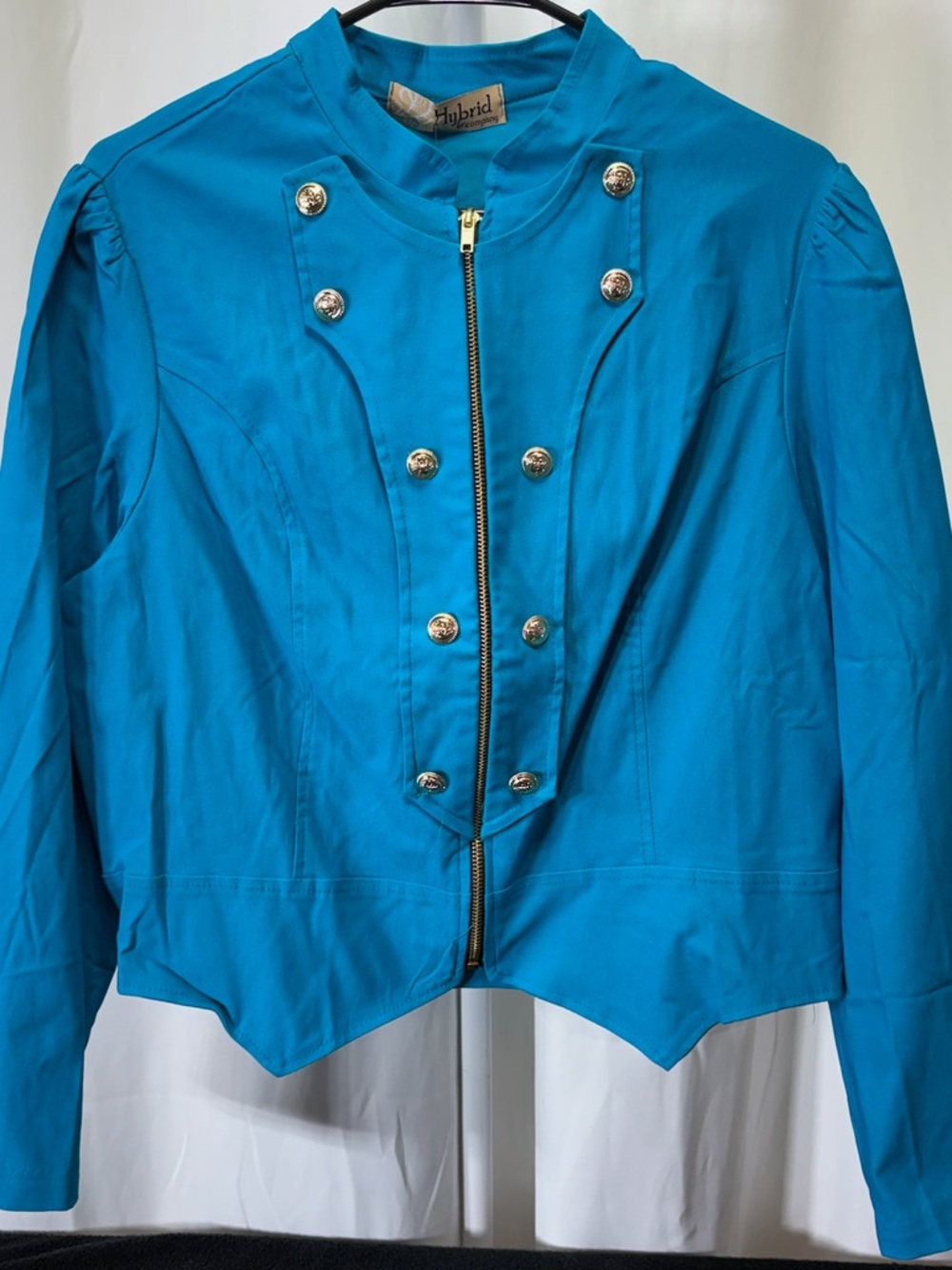 Hybrid & co Bright Teal Military-Inspired Cropped Blazer with Gold Buttons 2366